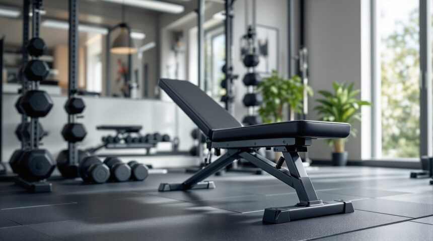 Hantelbank im modernen Heimgym mit Kurz- und Langhanteln