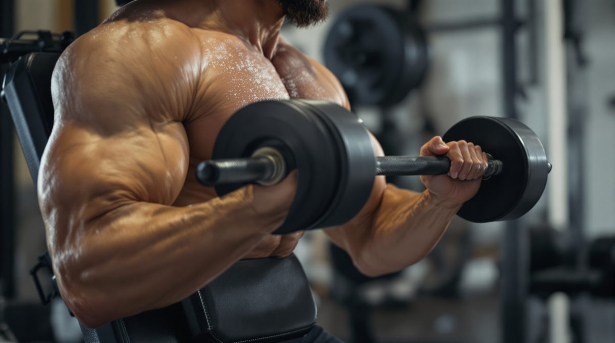 Mann beim Kurzhantel-Drücken auf der Hantelbank