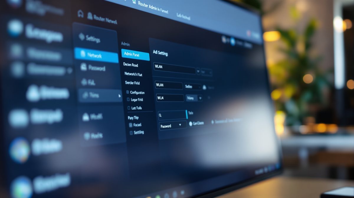 Router Admin Panel mit WLAN- und Netzwerkeinstellungen auf dem Monitor