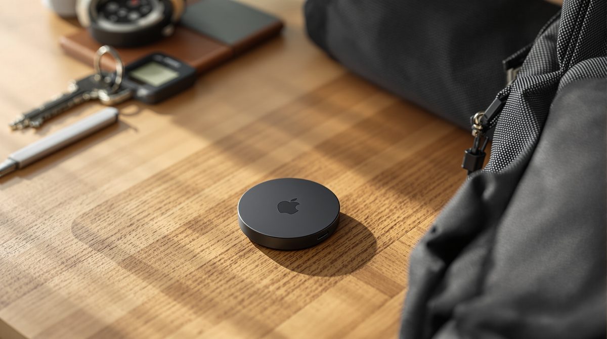 Apple AirTag neben Schlüsseln und Rucksack als Alltagstracker