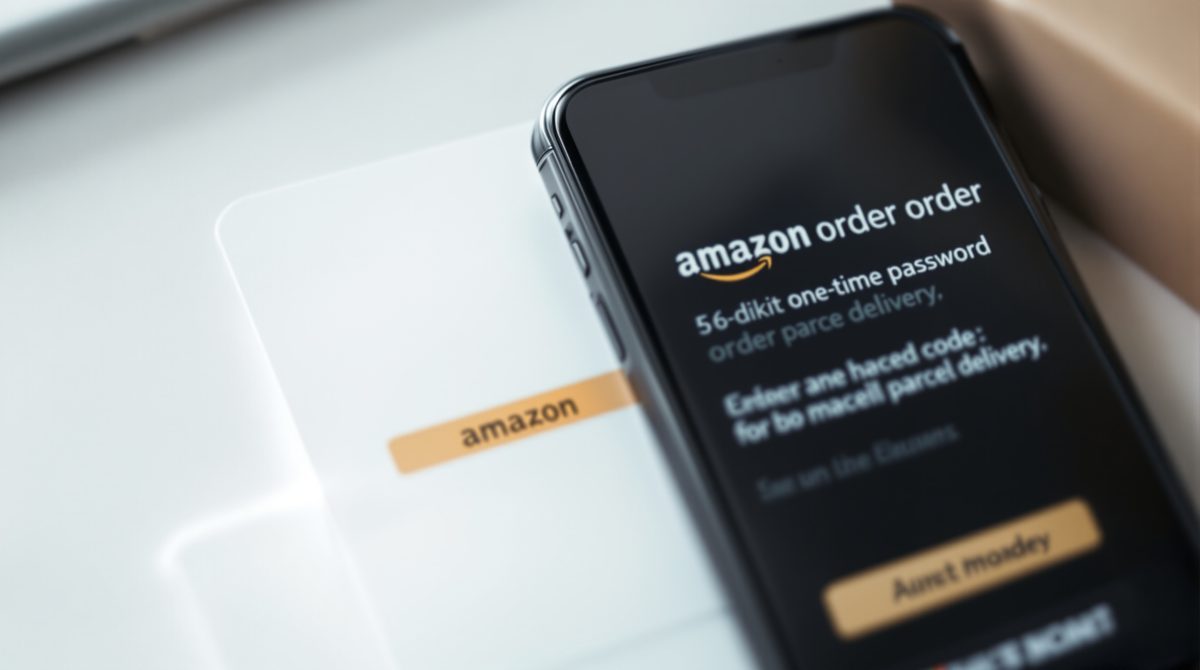 Smartphone zeigt Amazon-E-Mail mit sechsstelligem Einmalpasswort für die sichere Paketzustellung
