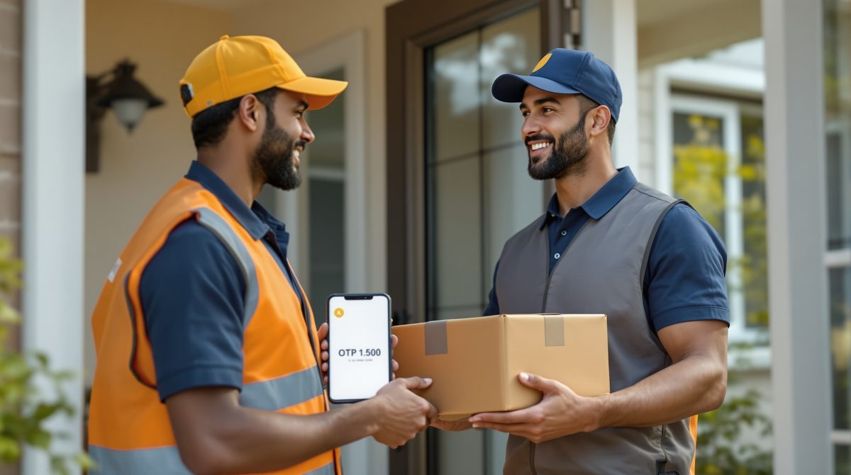 Zusteller übergibt Paket an Empfänger, der das Amazon Einmalpasswort auf dem Smartphone zeigt