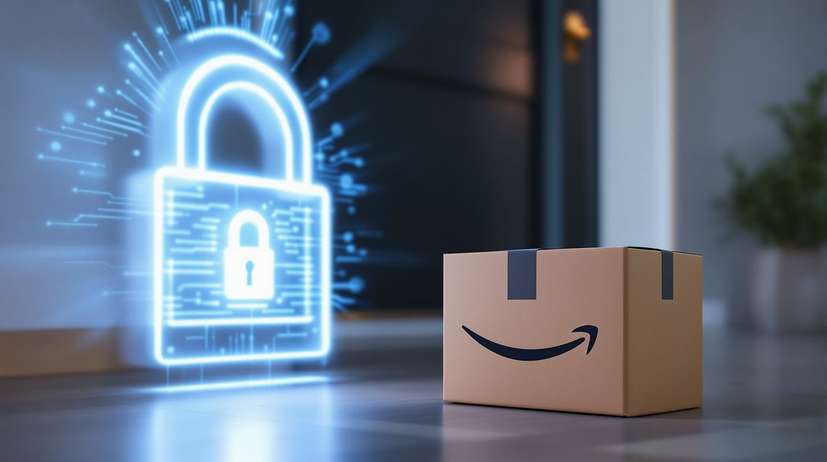 Amazon-Paket vor der Haustür mit digitalem Sicherheitsschloss als Symbol für OTP-geschützte Zustellung