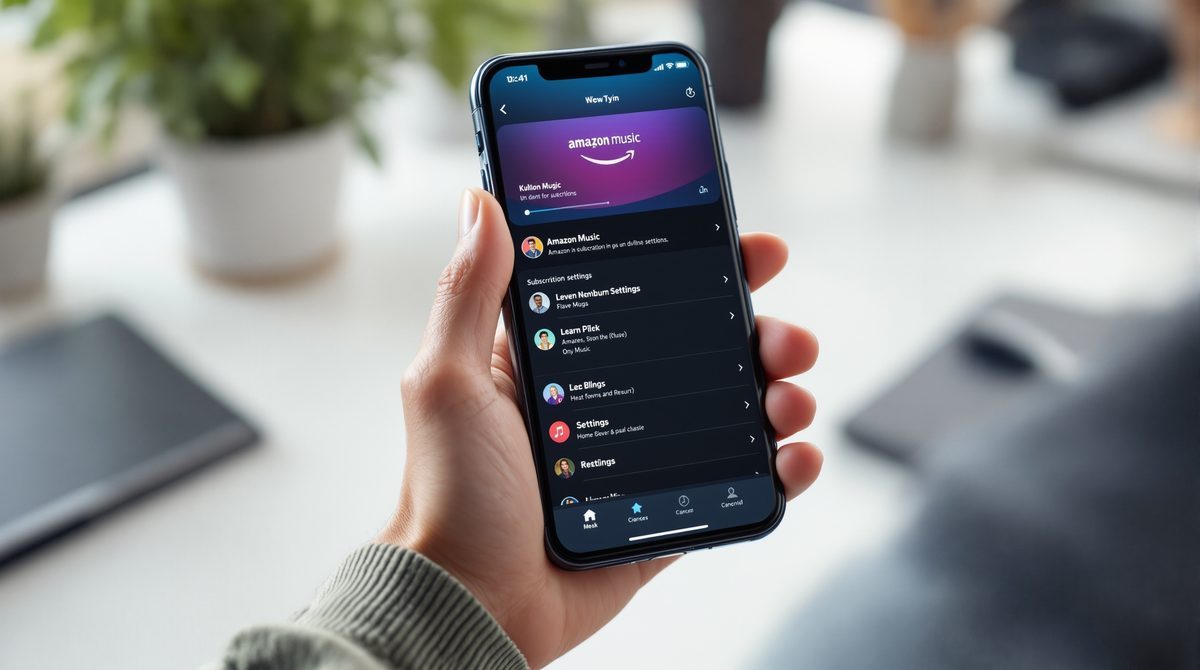 Person hält iPhone mit geöffneter Amazon Music App und Abo-Einstellungen
