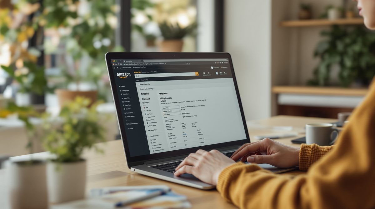 Amazon Rechnungsadresse ändern am Laptop in einem Heimarbeitsplatz