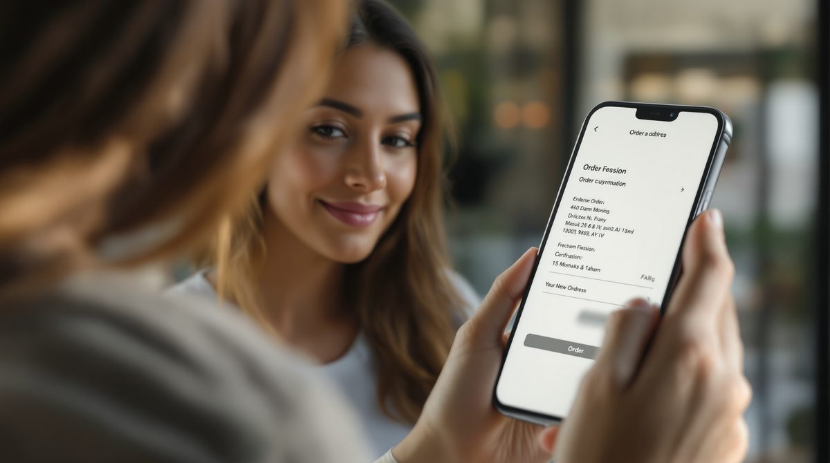 Frau prüft Bestellbestätigung mit Adressdaten auf dem Smartphone