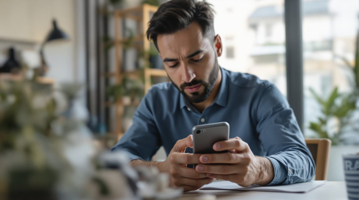 Person prüft Online-Banking auf Smartphone wegen unbekannter Abbuchung aus Luxemburg
