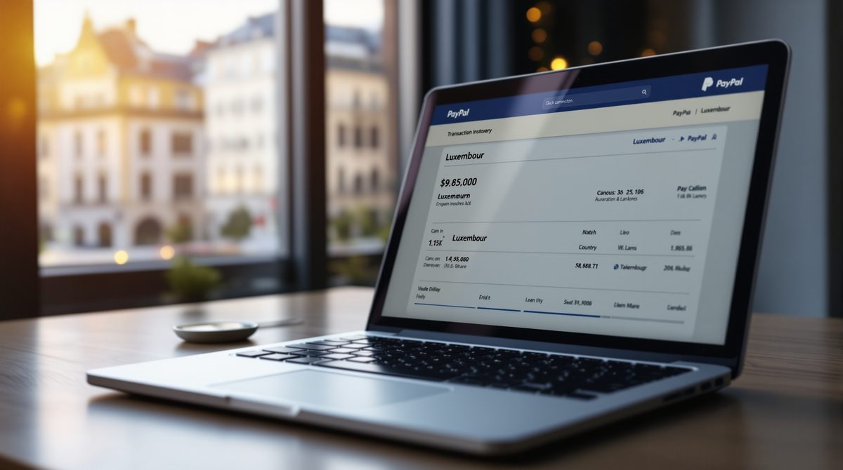 PayPal-Transaktionsübersicht auf Laptop – Adresse Boulevard Royal Luxemburg sichtbar