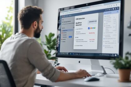 CMS Checker – Entwickler analysiert Technologie-Stack einer Website am Monitor
