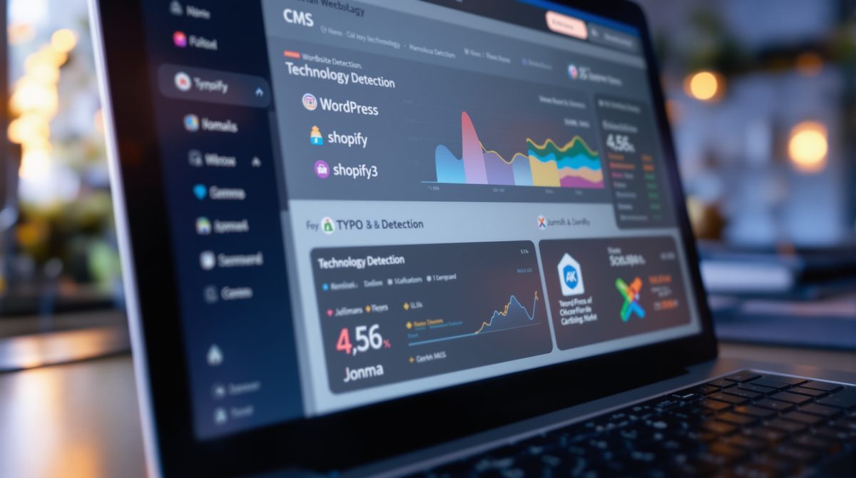 CMS Checker Tool zeigt Analyseergebnisse mit CMS-Logos auf einem Laptop-Bildschirm