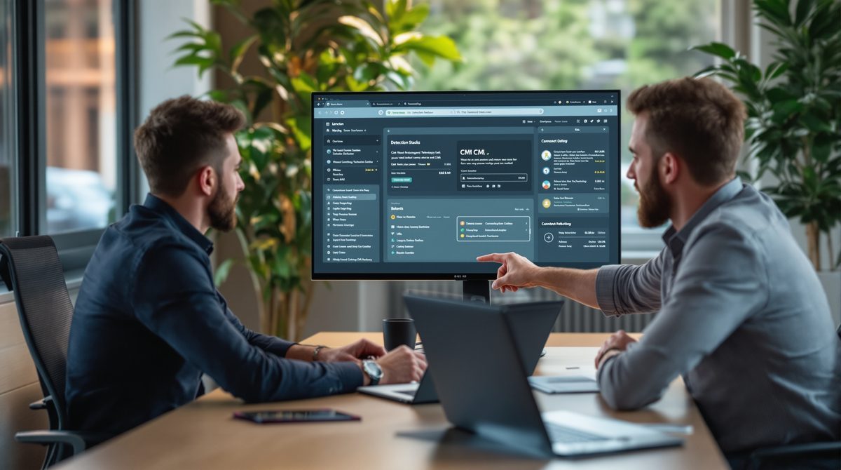 Marketing- und Web-Profi analysieren gemeinsam den Technologie-Stack einer Website mit einem CMS Checker