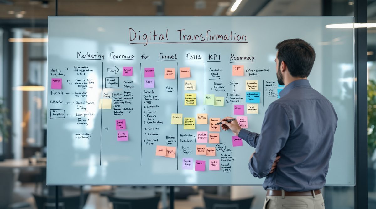 Strategieplanung für digitale Transformation im Marketing an einem Glasboard