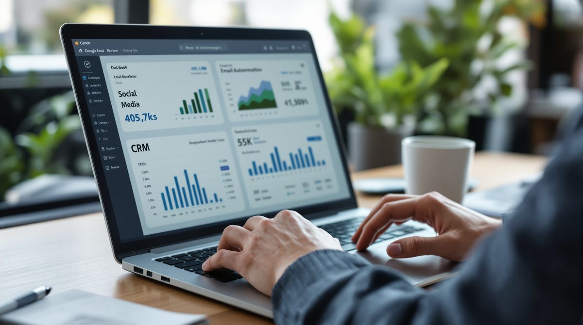Marketingfachkraft arbeitet mit CRM- und Automatisierungs-Tools auf dem Laptop