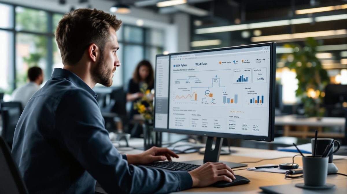 ECM Software Workflow – Business Analyst analysiert Workflow-Automatisierung im ECM-Dashboard