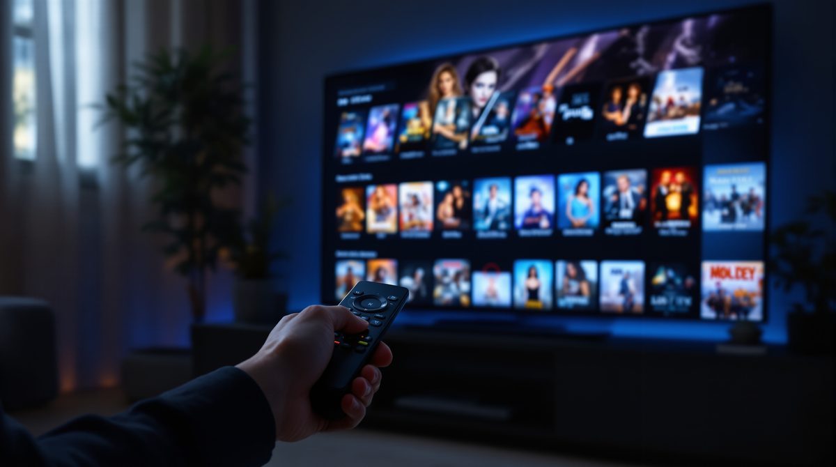 Person mit Fernbedienung beim Durchsuchen von Filmen im Streaming-Dienst