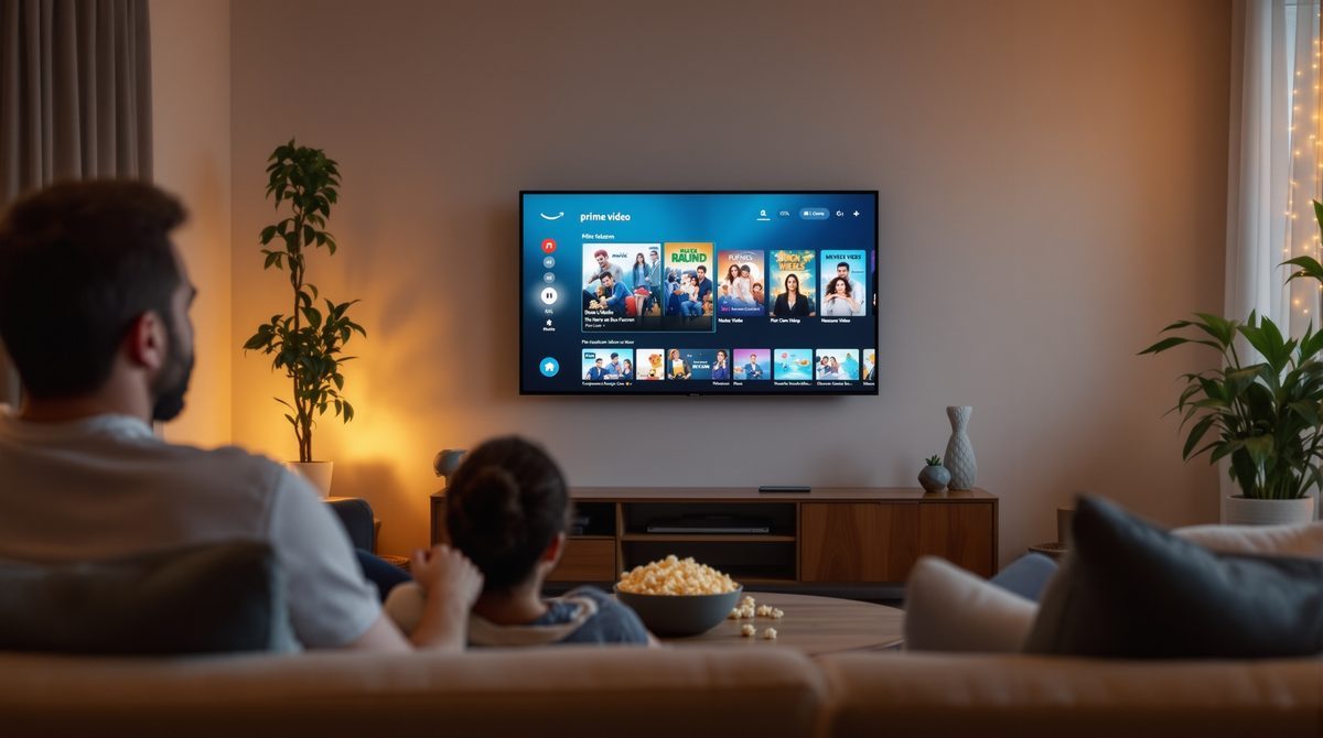 Gemütliches Wohnzimmer mit Amazon Prime Video auf dem Fernseher – gute Filme auf Amazon Prime entdecken