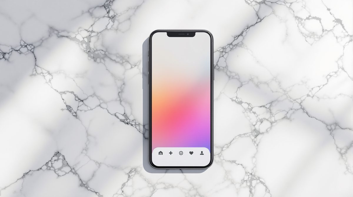 Smartphone von oben mit Instagram-Navigationsleiste auf Marmor-Untergrund