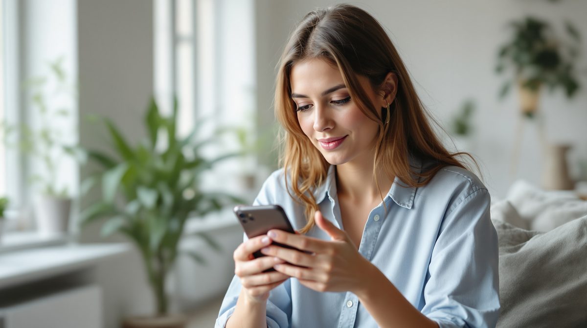 Junge Frau navigiert konzentriert auf Instagram auf ihrem Smartphone in einer hellen Wohnung