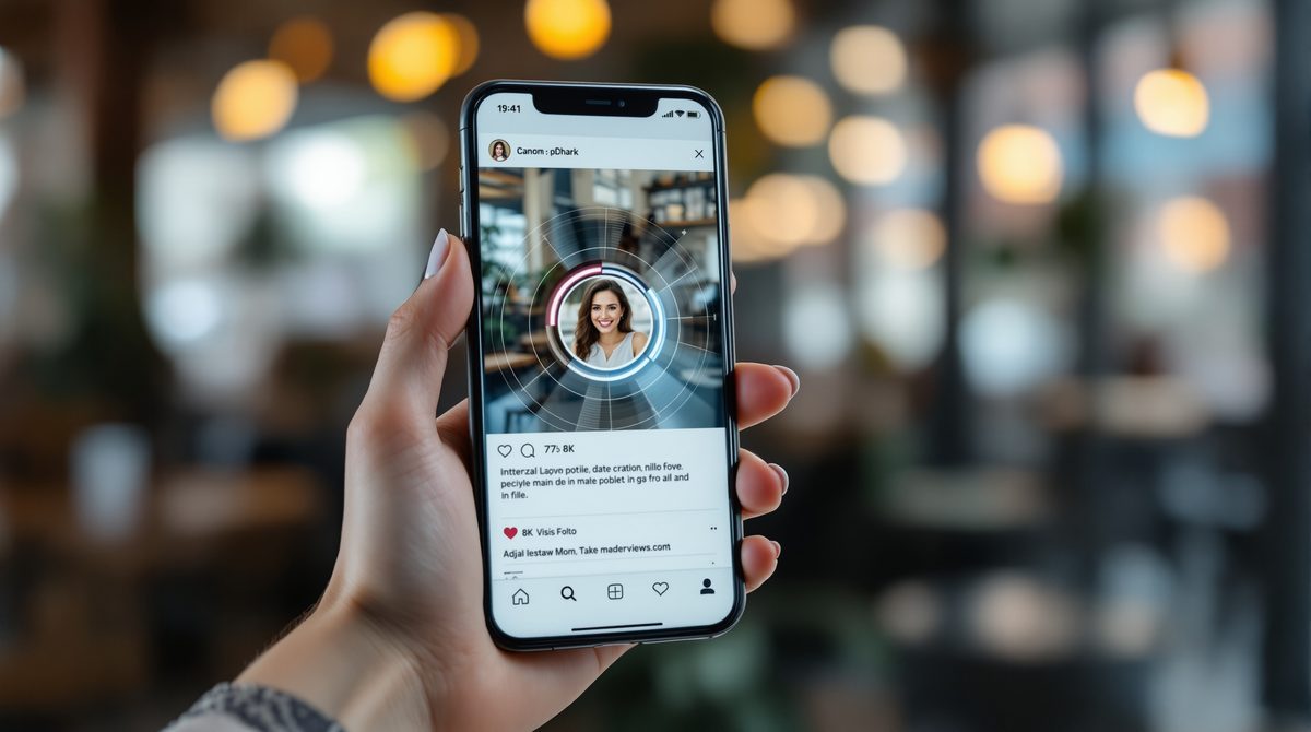 Frau hält Smartphone mit vergrößertem Instagram Profilbild auf dem Bildschirm