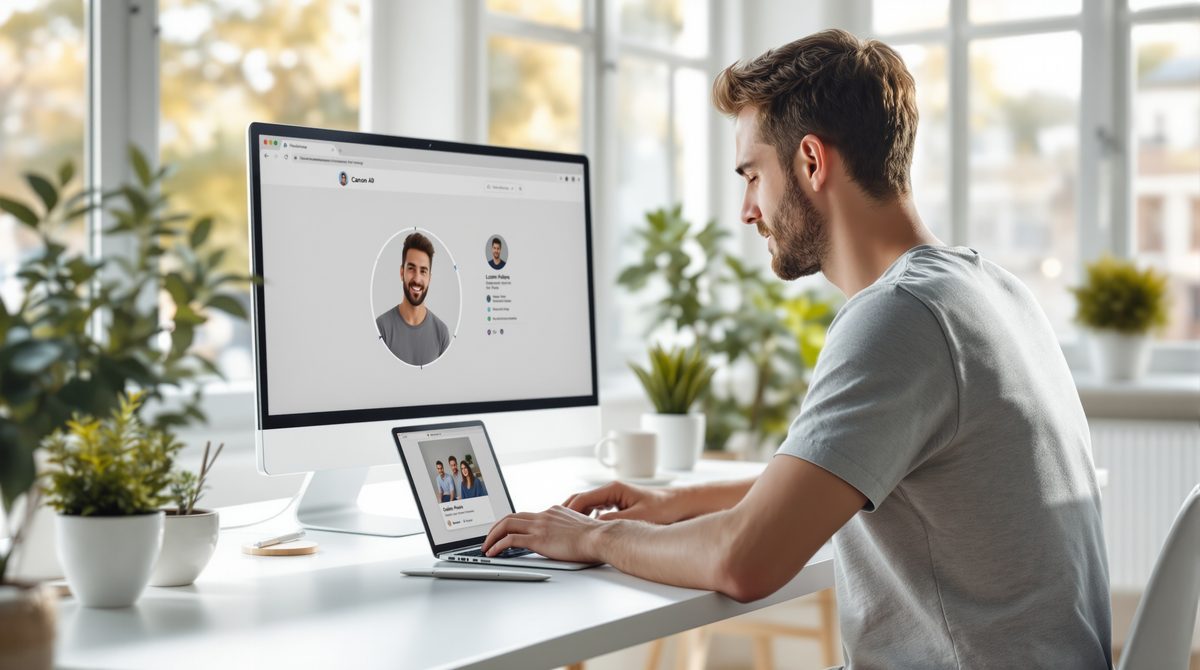 Mann am Laptop nutzt ein Online-Tool zum Vergrößern eines Instagram Profilbildes