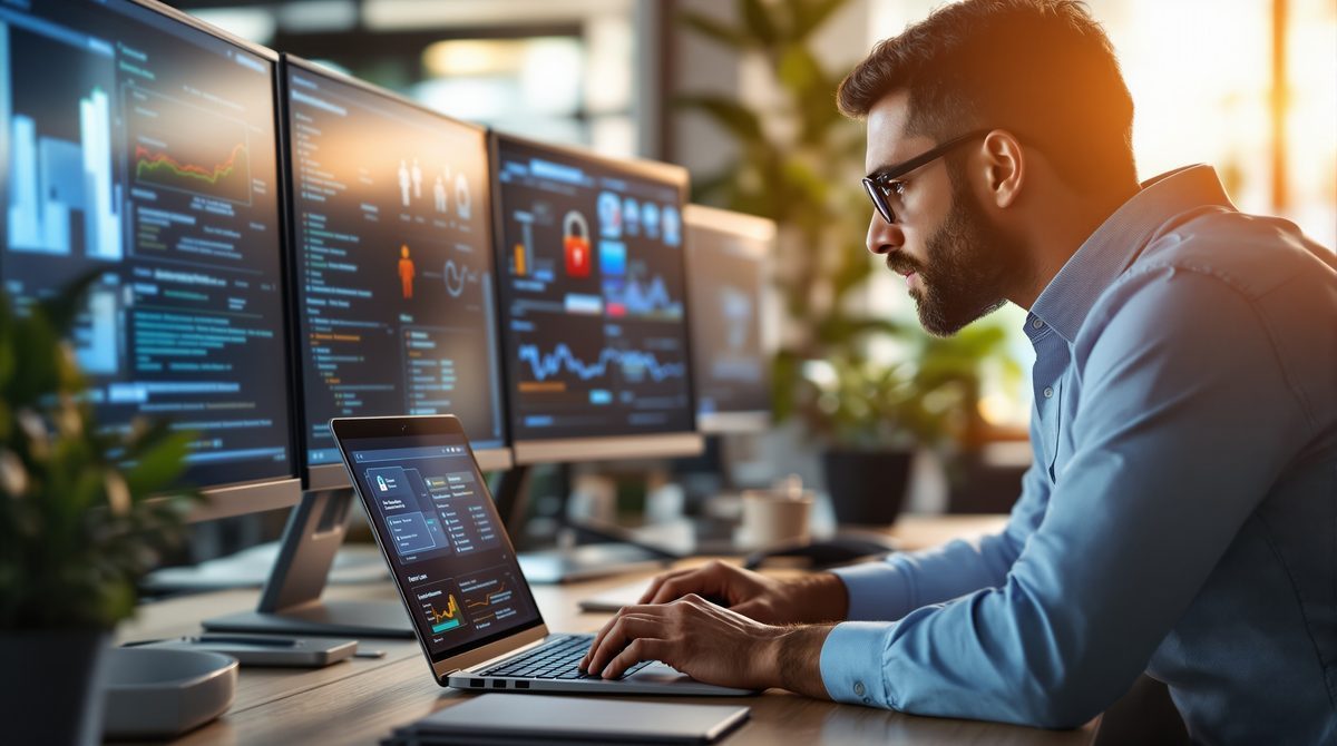 IT-Sicherheitsexperte analysiert Bedrohungen am Laptop mit Sicherheitssoftware