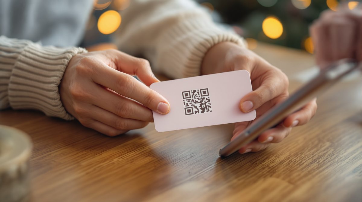 Nahaufnahme einer Person, die eine Geschenkkarte mit dem Smartphone einlöst