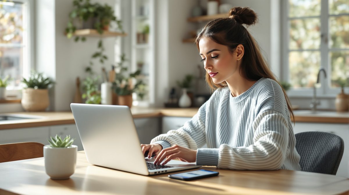 Frau nutzt Laptop und Smartphone beim Online-Einkauf mit alternativen Zahlungsmethoden