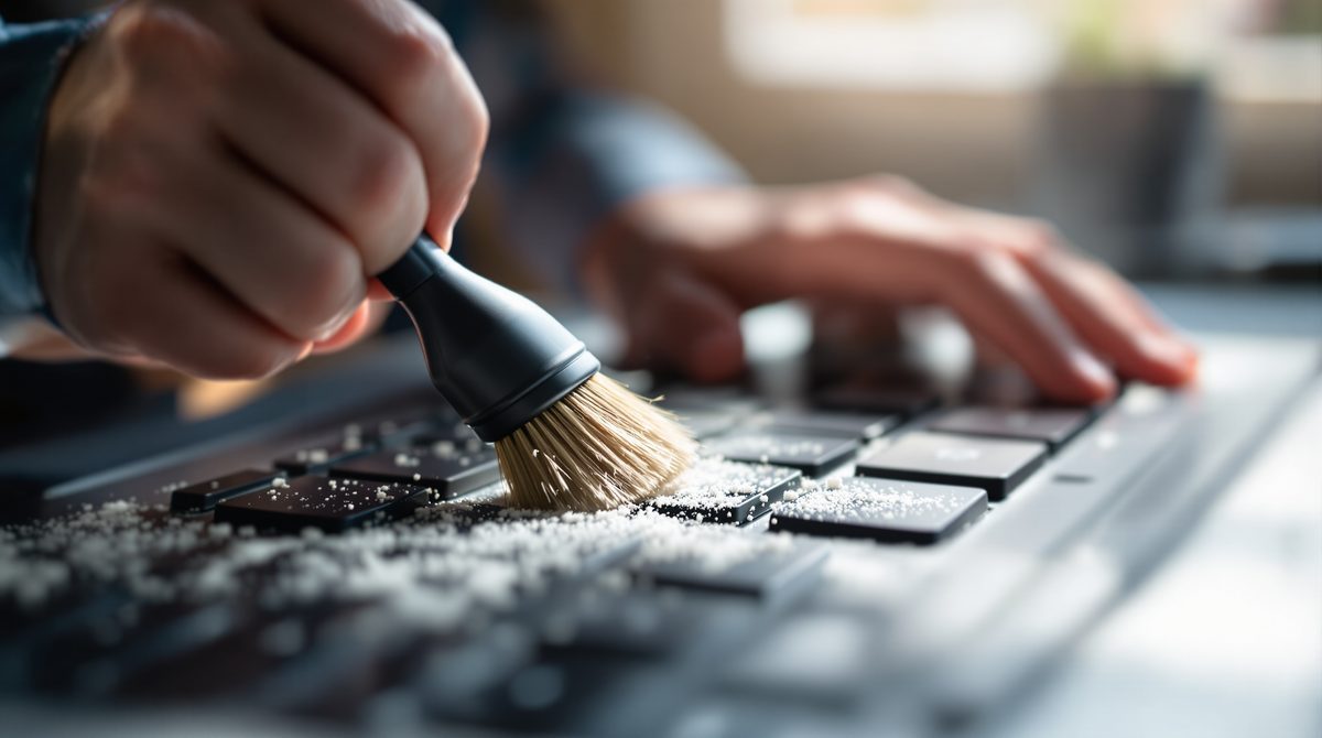 Laptop-Tastatur reinigen mit Pinsel – Staub und Schmutz zwischen den Tasten entfernen