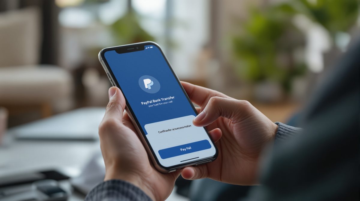 Person mit Smartphone und PayPal-App – Überweisung an PayPal IBAN aus Luxemburg abgeschlossen