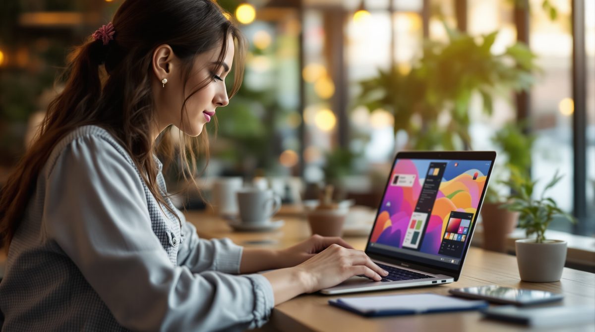 Junge Frau arbeitet mit MacBook Air im modernen Café