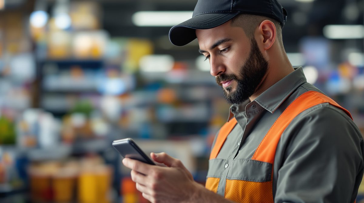 Mitarbeiter im Einzelhandel prüft Schichtplan auf dem Smartphone