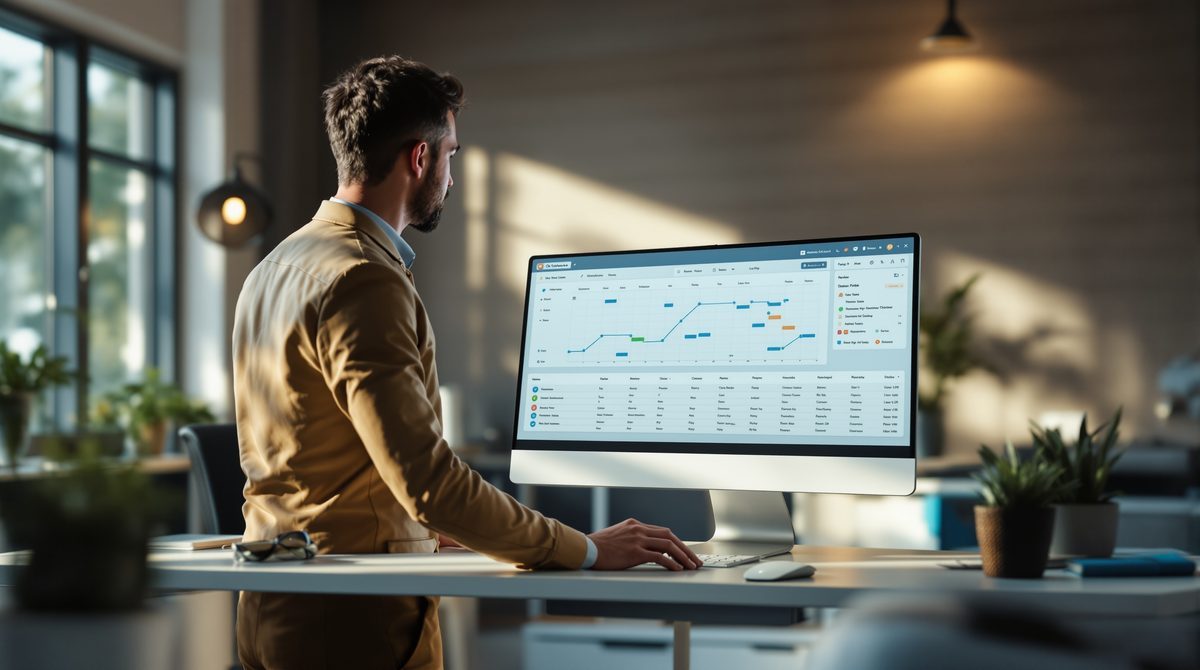 Manager überprüft Schichtplan am Desktop-Computer im modernen Büro
