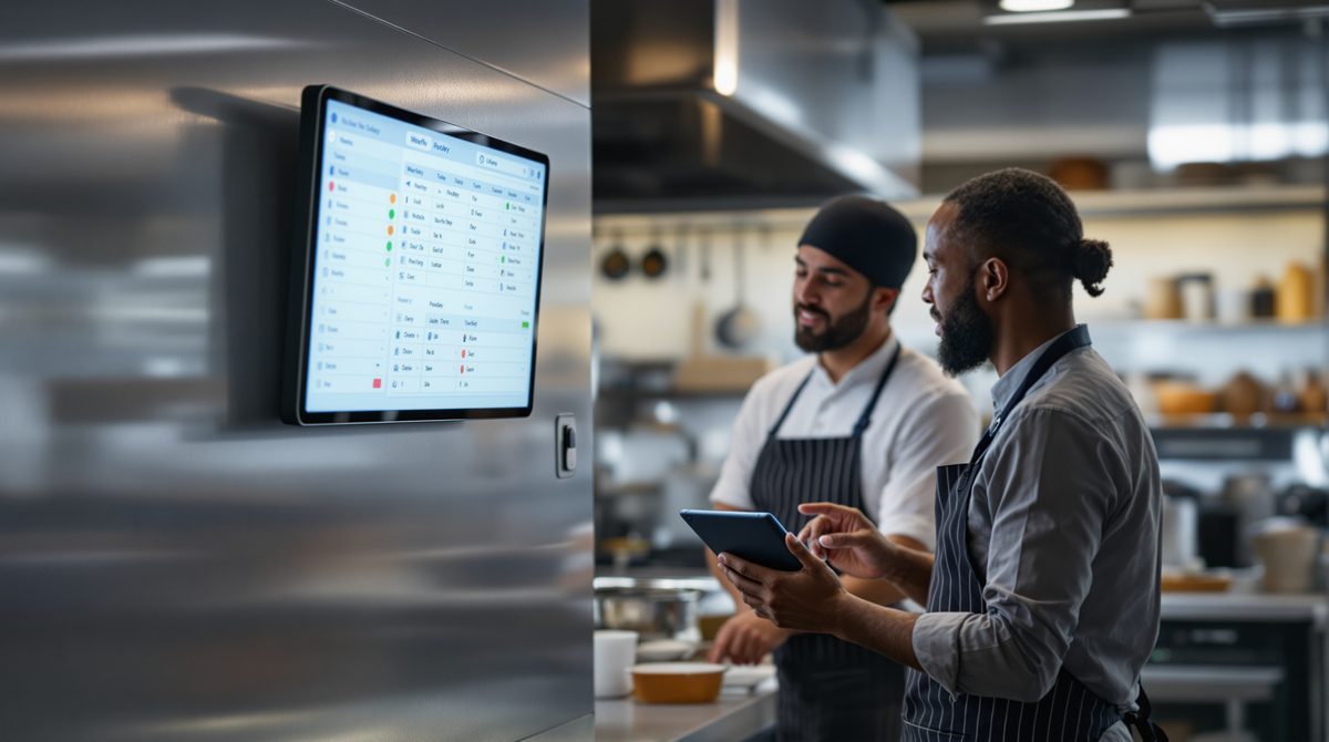 Zwei Mitarbeiter in der Gastronomie besprechen den Dienstplan am Tablet