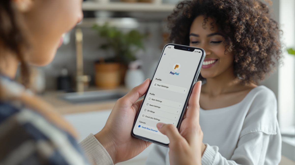 Frau ändert ihren Namen im PayPal-Konto per Smartphone
