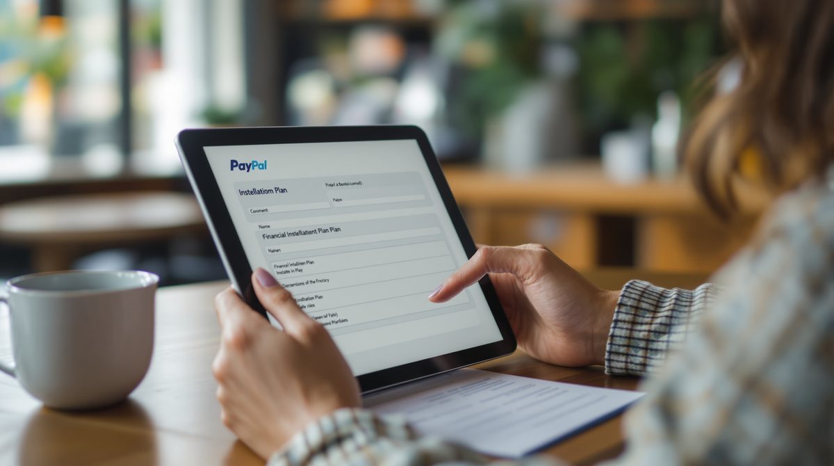 PayPal Ratenzahlung Rechner – Frau prüft Ratenzahlungsplan auf Tablet