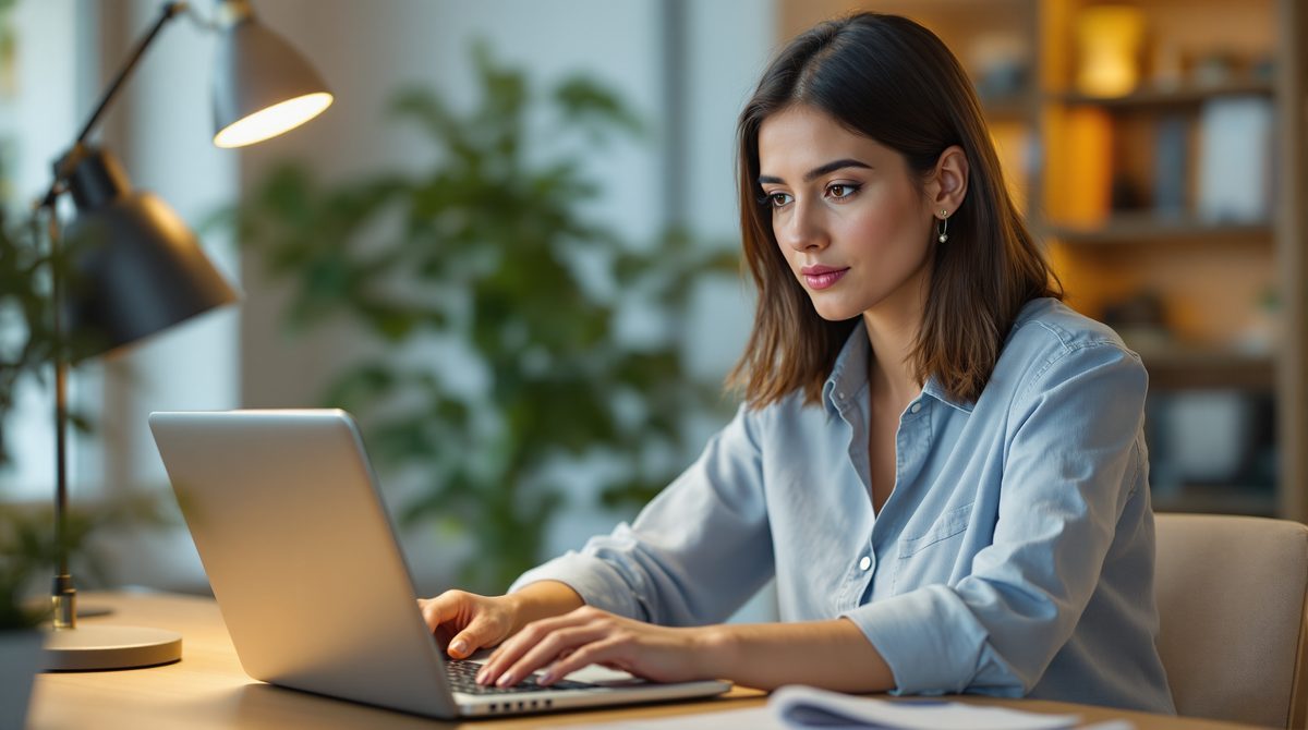 Frau aktualisiert ihre Kontodaten am Laptop im Homeoffice