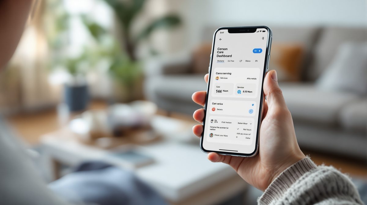 Smartphone mit digitaler Verwaltungsoberfläche für Pflegeleistungen