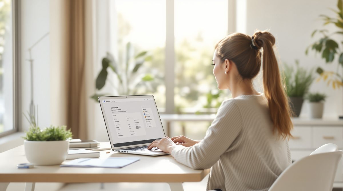 Frau nutzt Kundenportal am Laptop im Homeoffice