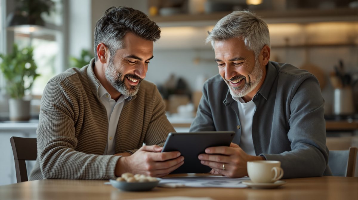 Zwei Erwachsene schauen gemeinsam auf ein Tablet-Display