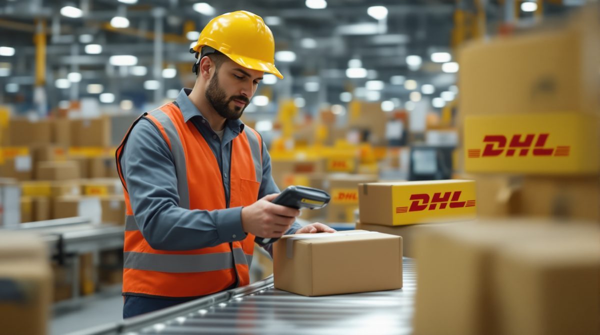 DHL-Mitarbeiter scannt Paket an Sortierstrecke im Paketzentrum