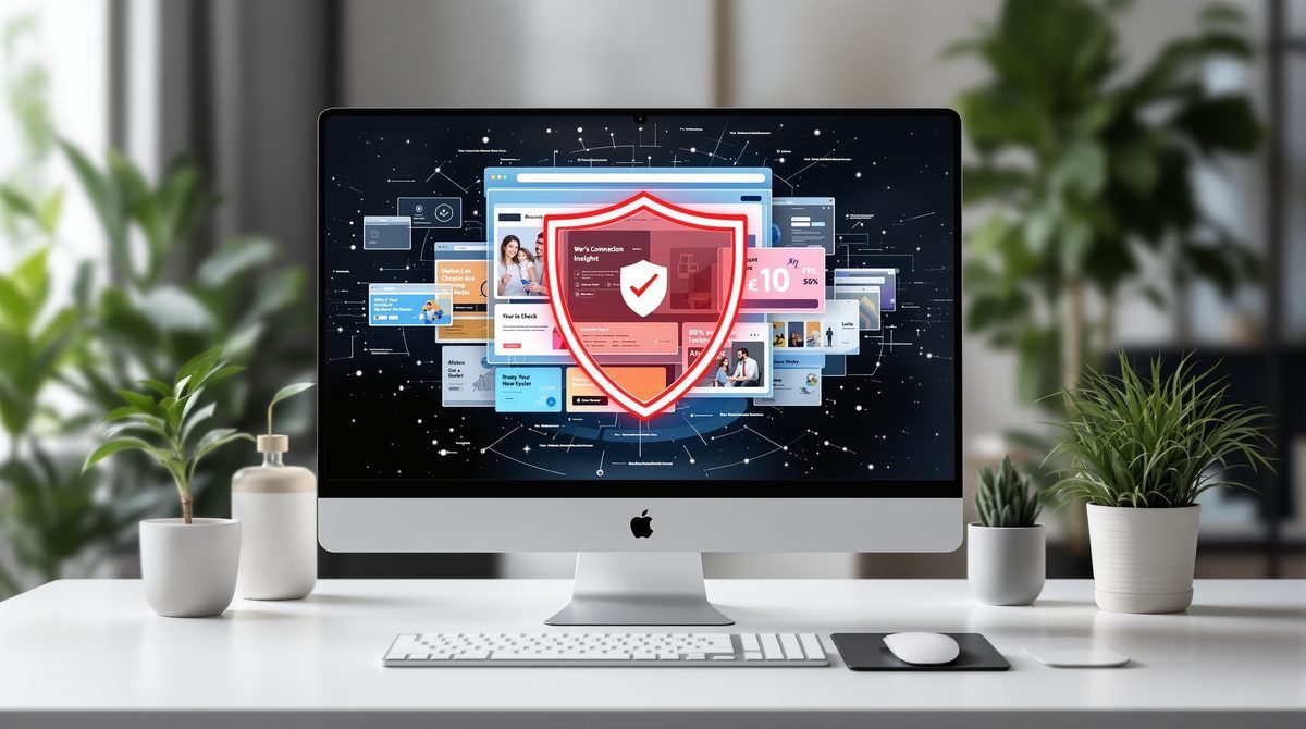 Desktop-Computer mit Browser und visuell blockierten Online-Werbeanzeigen auf dem Bildschirm