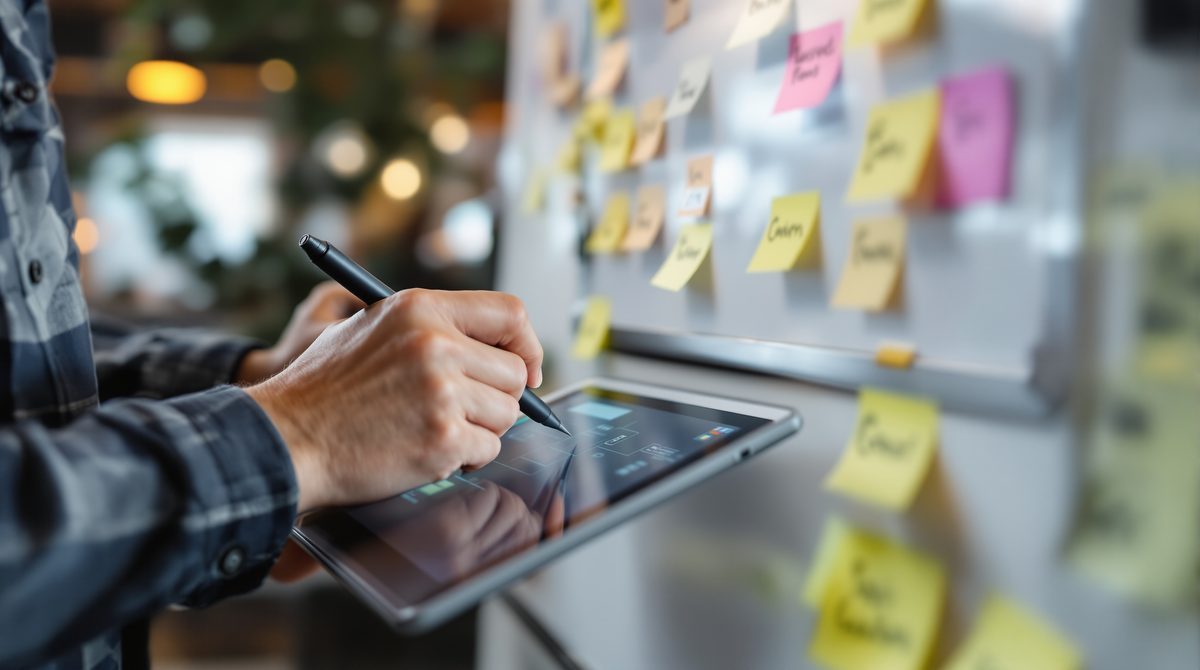 UX Design Student arbeitet mit Grafiktablett und Wireframe-Skizzen an Nutzerführung