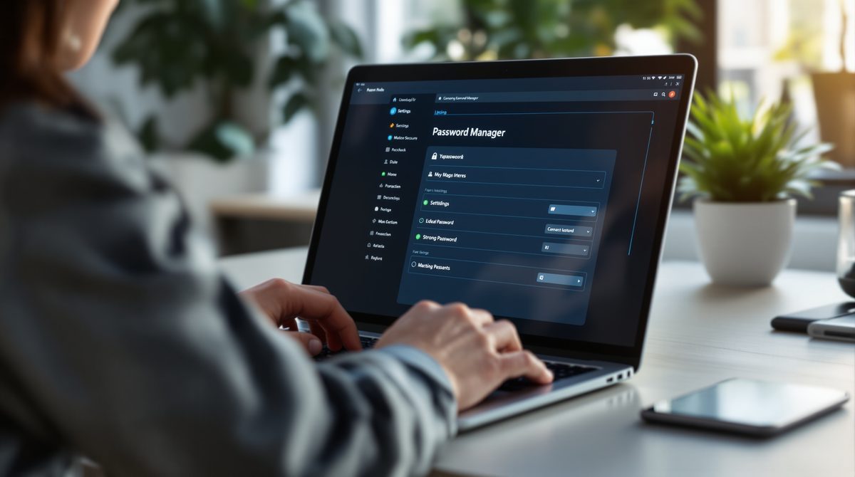 Person richtet Sicherheitseinstellungen und Passwortmanager auf Laptop ein – Schutz vor Online-Bedrohungen