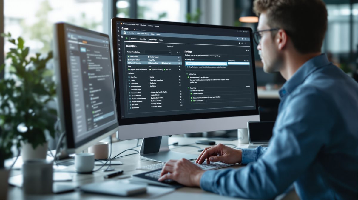 Fachkraft konfiguriert Spam-Filter-Einstellungen am Computer für mehr E-Mail-Sicherheit