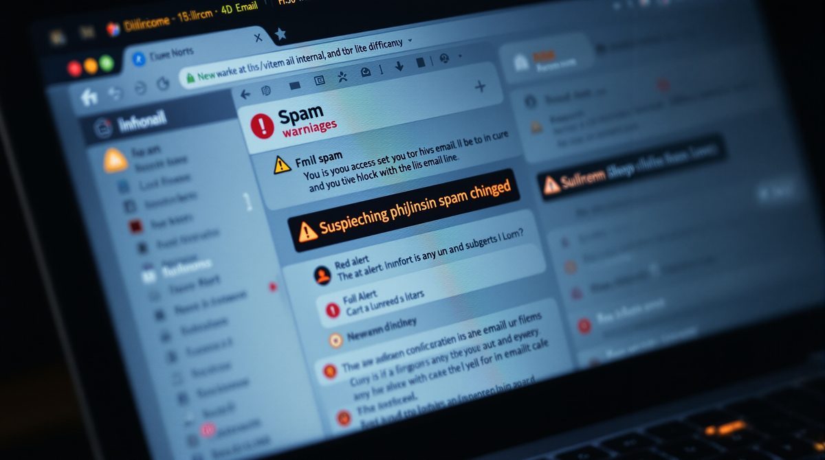 Laptop-Bildschirm mit überfülltem Posteingang und Spam-Warnmeldungen