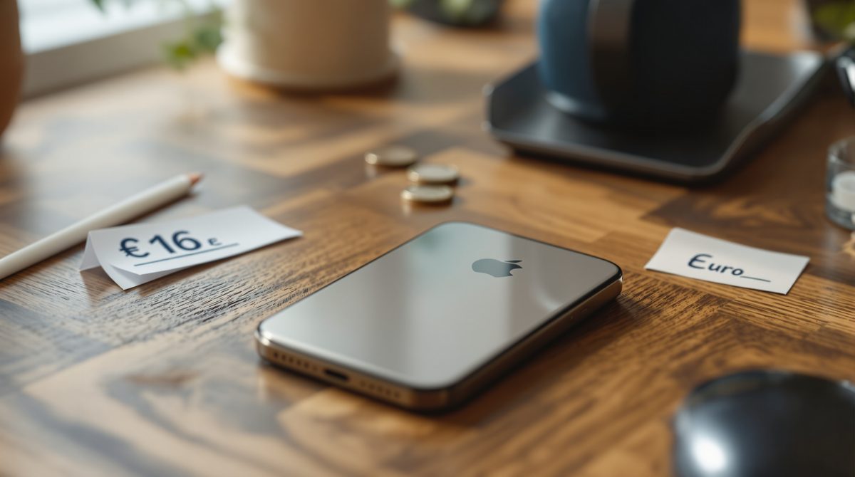 iPhone 16e als günstiges Einsteigermodell auf Holzschreibtisch mit Münzen