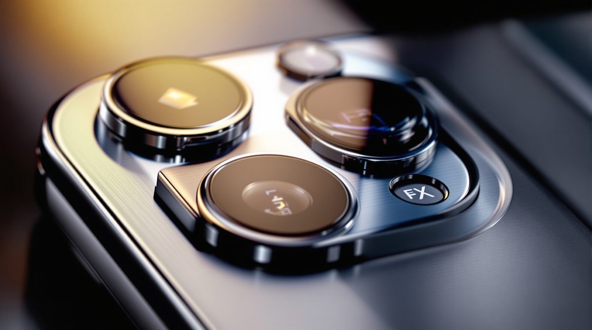Dreifach-Kamerasystem des iPhone Pro Max in Nahaufnahme auf Titan-Rahmen