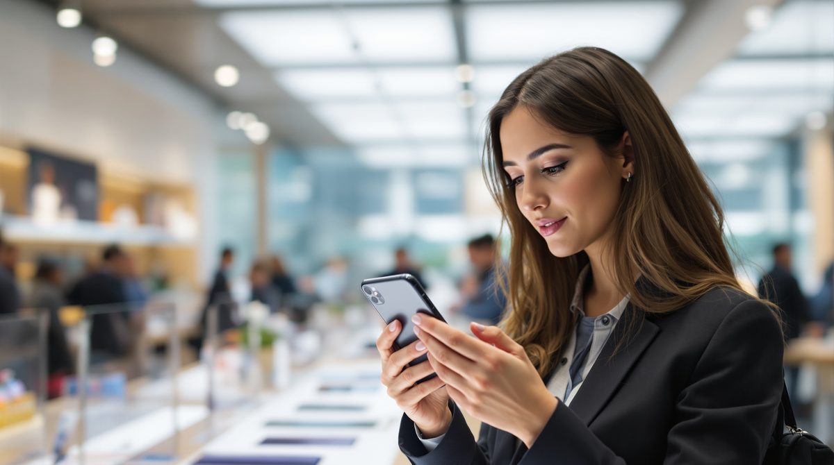 Frau vergleicht zwei iPhones im Apple Store – iPhone Kaufberatung