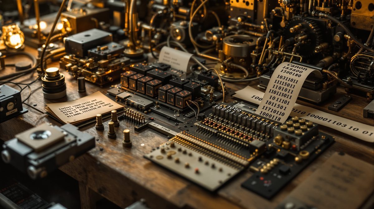 Mechanische Bauteile früher Computer aus den 1940er Jahren – Lochkarten und Relaisschalter