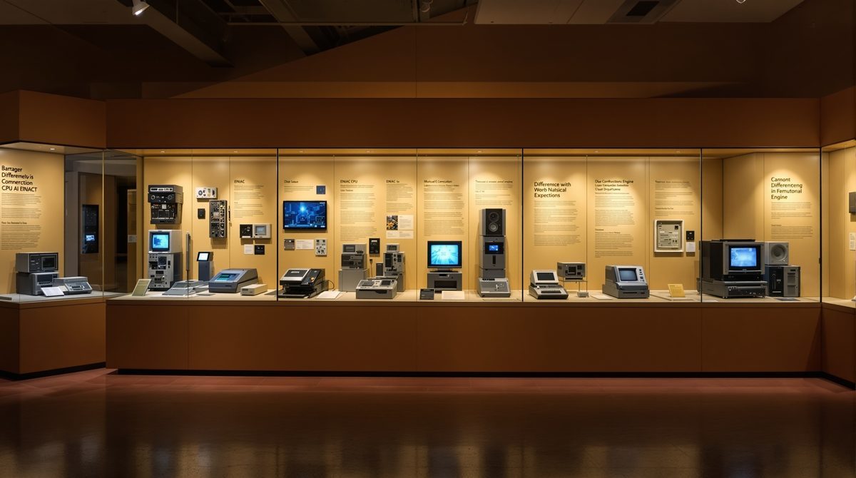 Historische Zeitleiste der Computerentwicklung von Babbage bis ENIAC im Museumsausstellung